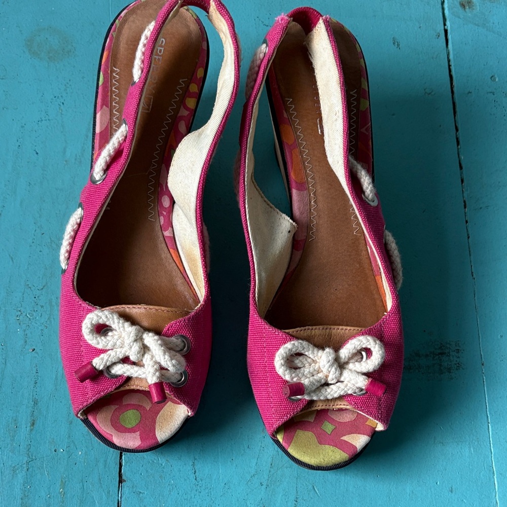 Sperry Hot Pink Canvas Peep-Toe Slingback Wedges